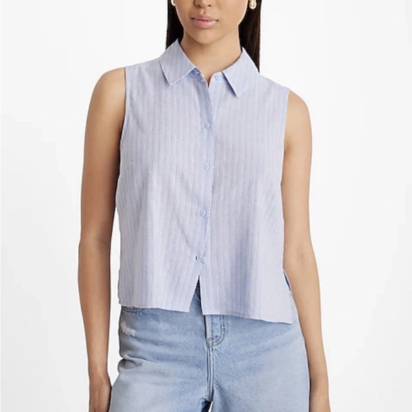 Express Women's Linen-Blend Pinstripe Sleeveless Button Up Shirt Size XL NWT $58 - Picture 1 of 16